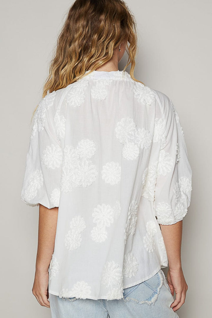 POL Mock Neck Balloon Sleeve Roomy Fit Textured Floral Top