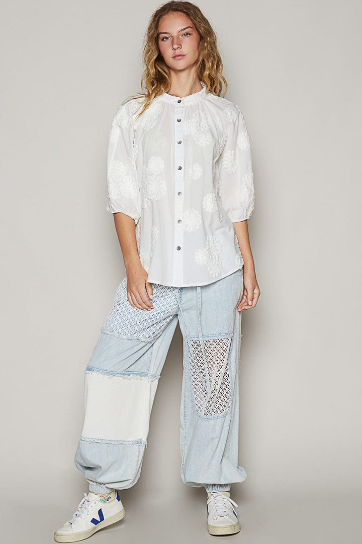 POL Mock Neck Balloon Sleeve Roomy Fit Textured Floral Top