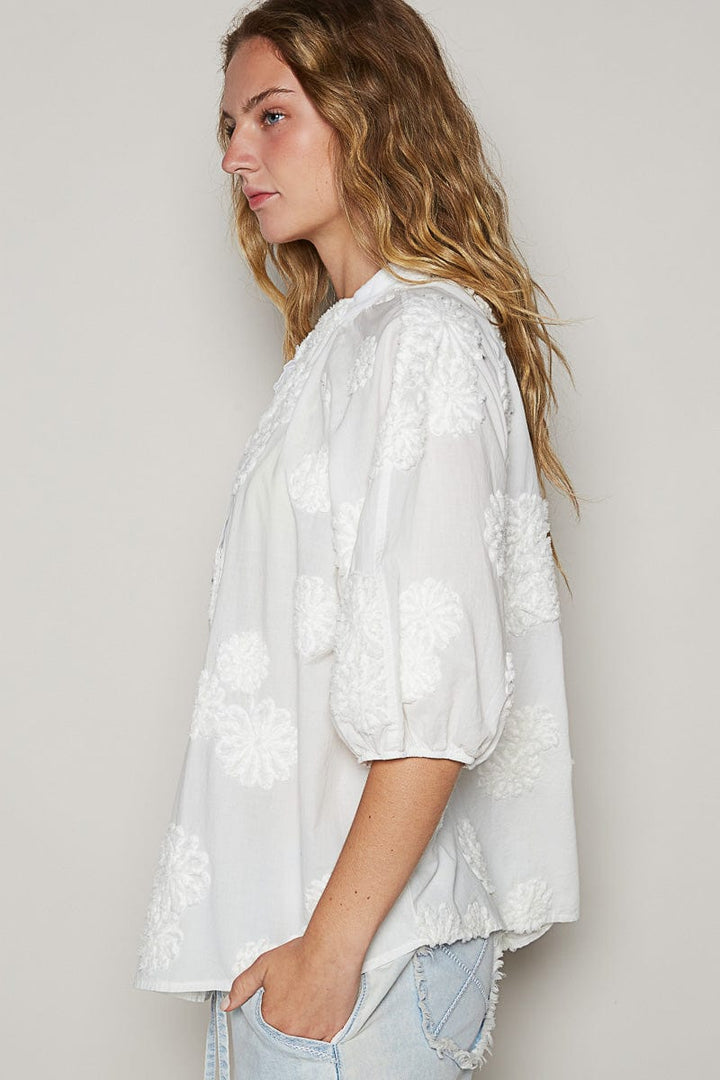 POL Mock Neck Balloon Sleeve Roomy Fit Textured Floral Top