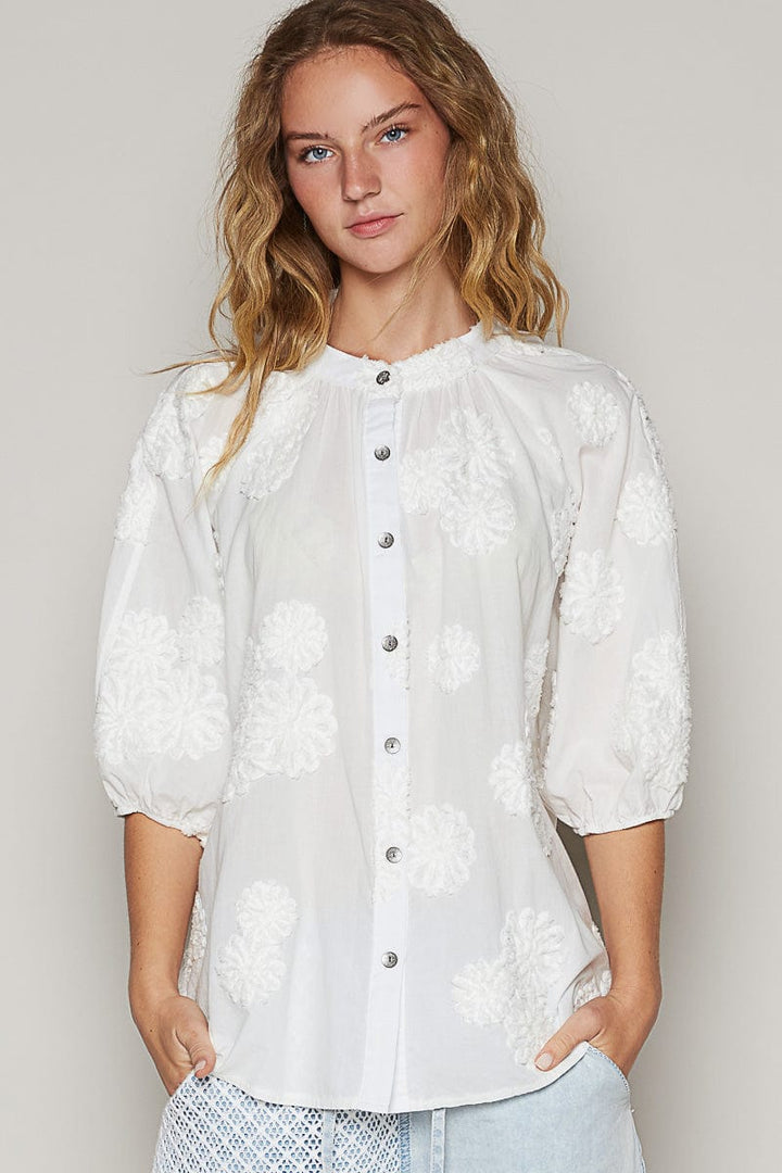 POL Mock Neck Balloon Sleeve Roomy Fit Textured Floral Top