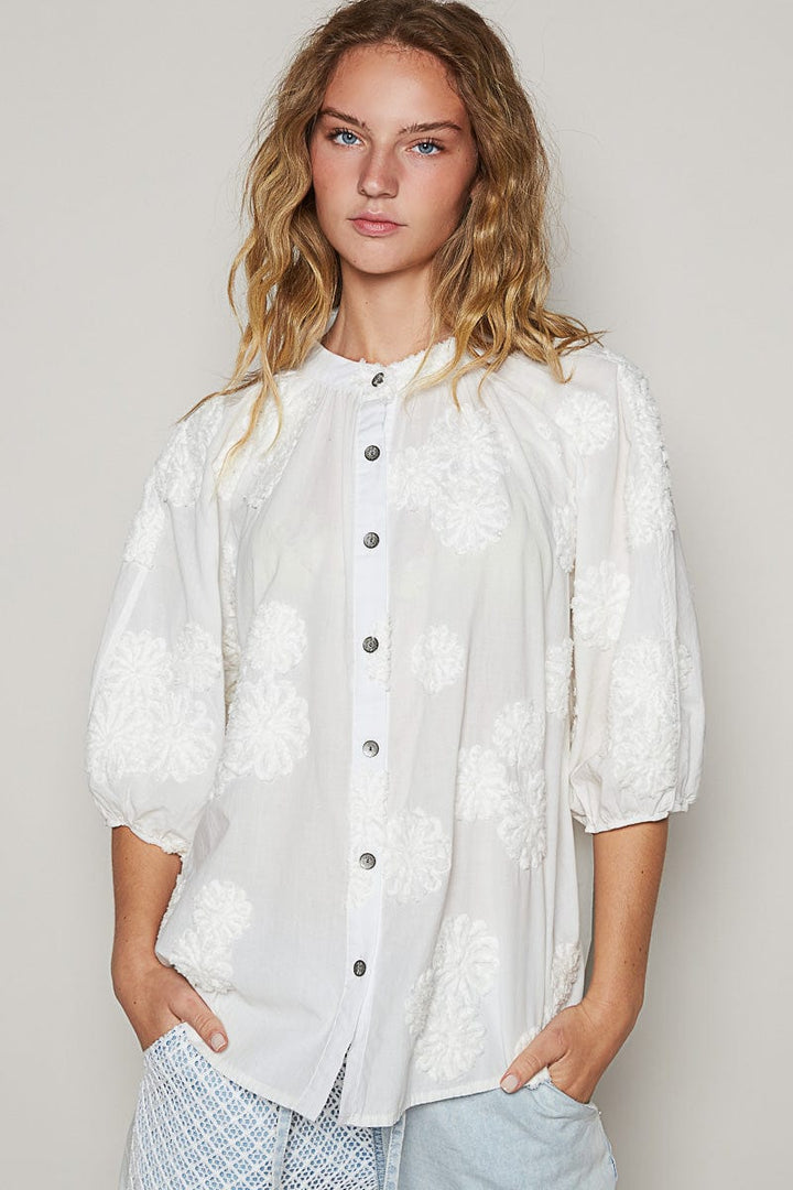 POL Mock Neck Balloon Sleeve Roomy Fit Textured Floral Top