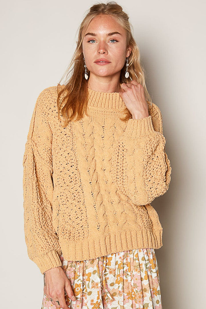 POL Mock Neck Balloon Sleeve Twisted Chunky Cable Knit Sweater