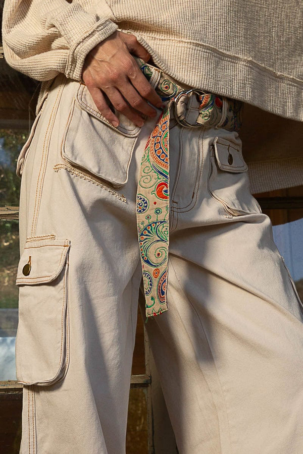 POL Natural Paisley Embroidered Ring Clasp Belt