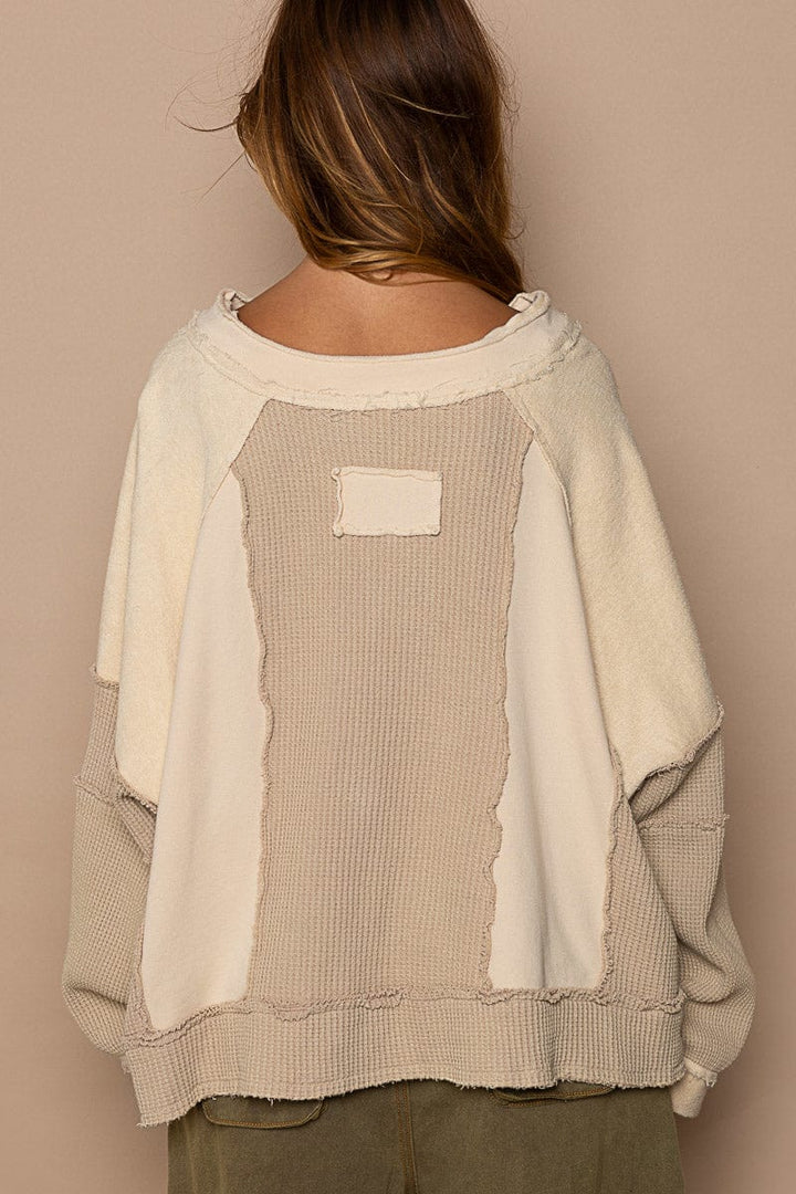 POL Notch Neckline Long Sleeve Oversized Mixed French Terry and Thermal Knit Top