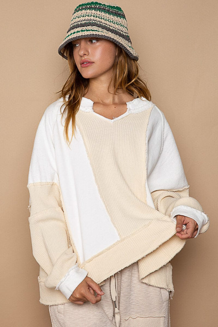 POL Notch Neckline Long Sleeve Oversized Mixed French Terry and Thermal Knit Top