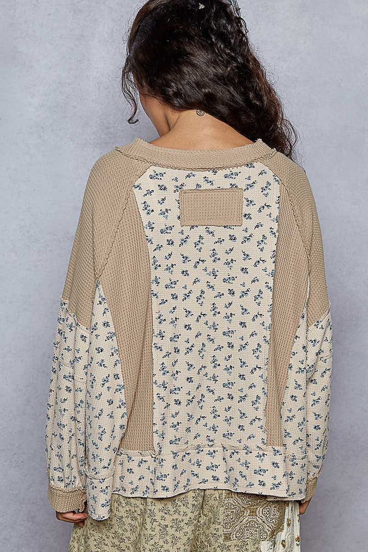 POL Notched Neckline Mixed Thermal Floral Print and Waffle Fabric Oversized Fit Top