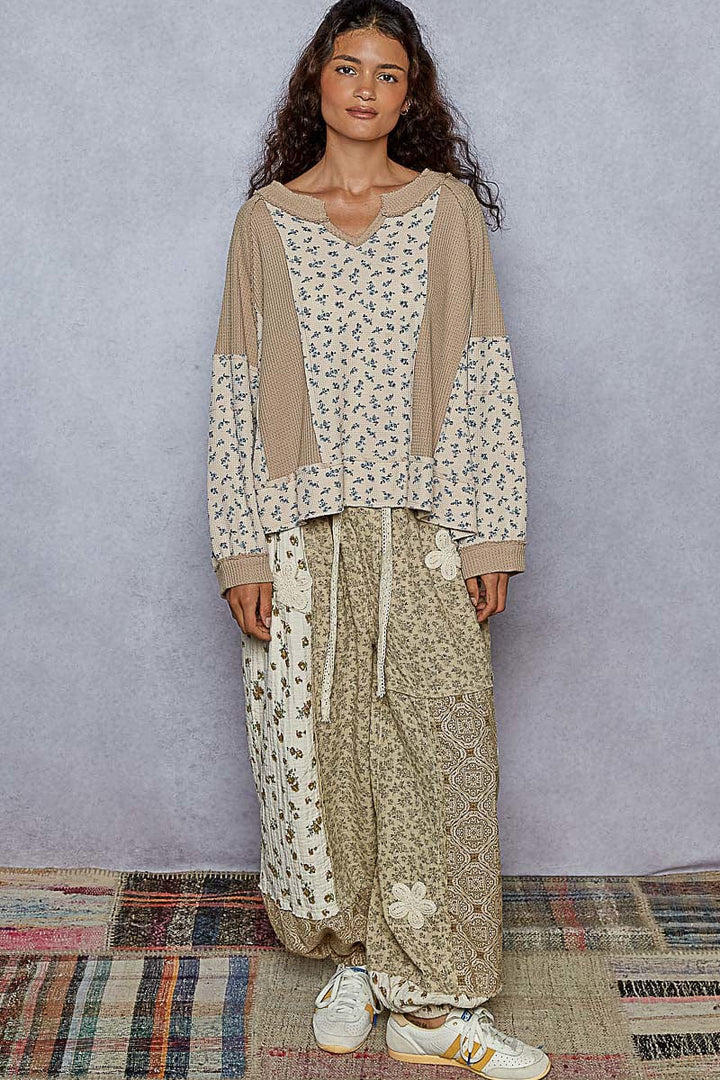 POL Notched Neckline Mixed Thermal Floral Print and Waffle Fabric Oversized Fit Top