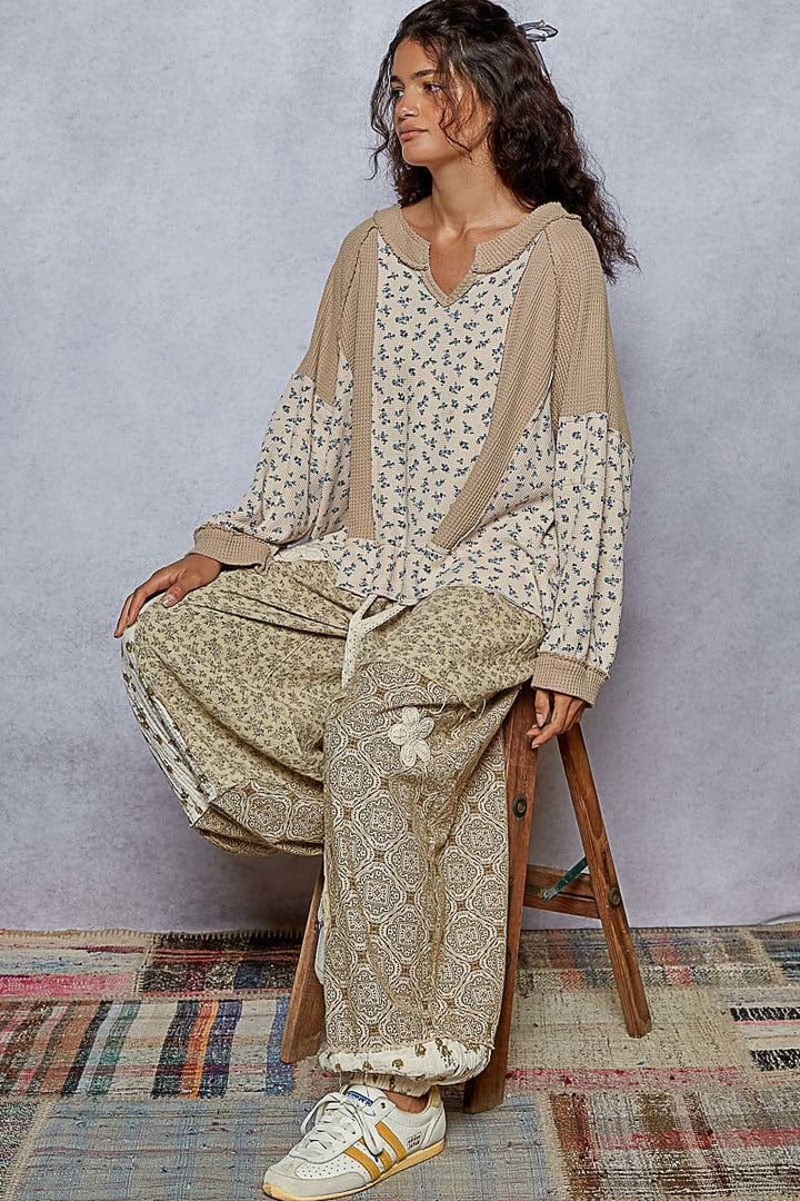 POL Notched Neckline Mixed Thermal Floral Print and Waffle Fabric Oversized Fit Top