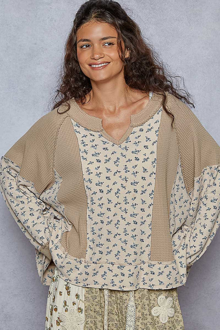 POL Notched Neckline Mixed Thermal Floral Print and Waffle Fabric Oversized Fit Top