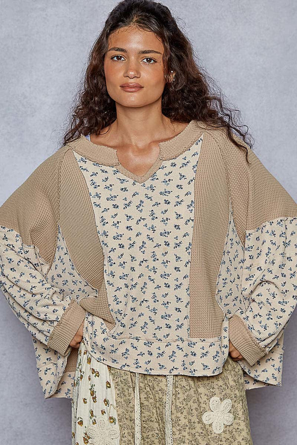 POL Notched Neckline Mixed Thermal Floral Print and Waffle Fabric Oversized Fit Top