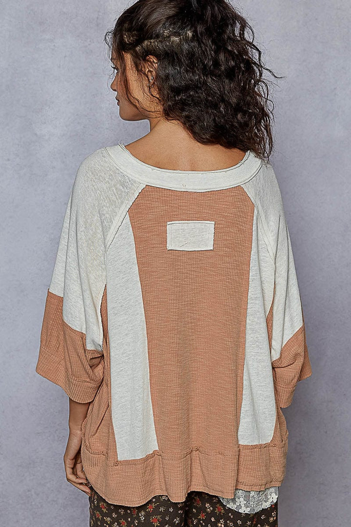POL Notched Neckline Oversized Fit Alternating Panels Half Sleeve Top