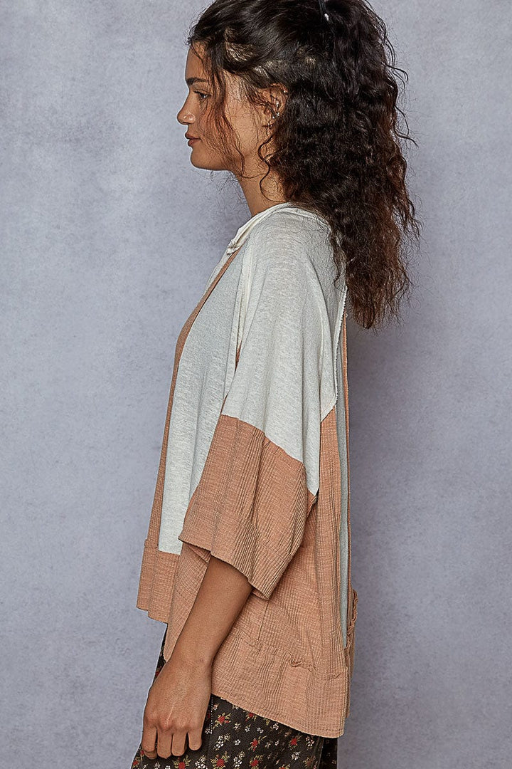 POL Notched Neckline Oversized Fit Alternating Panels Half Sleeve Top