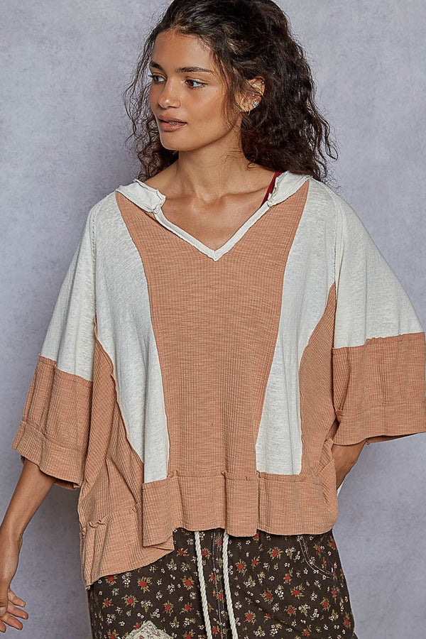 POL Notched Neckline Oversized Fit Alternating Panels Half Sleeve Top