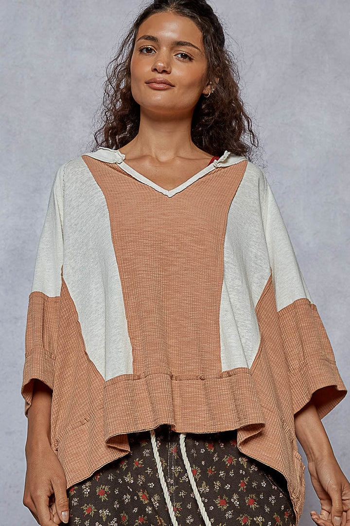 POL Notched Neckline Oversized Fit Alternating Panels Half Sleeve Top