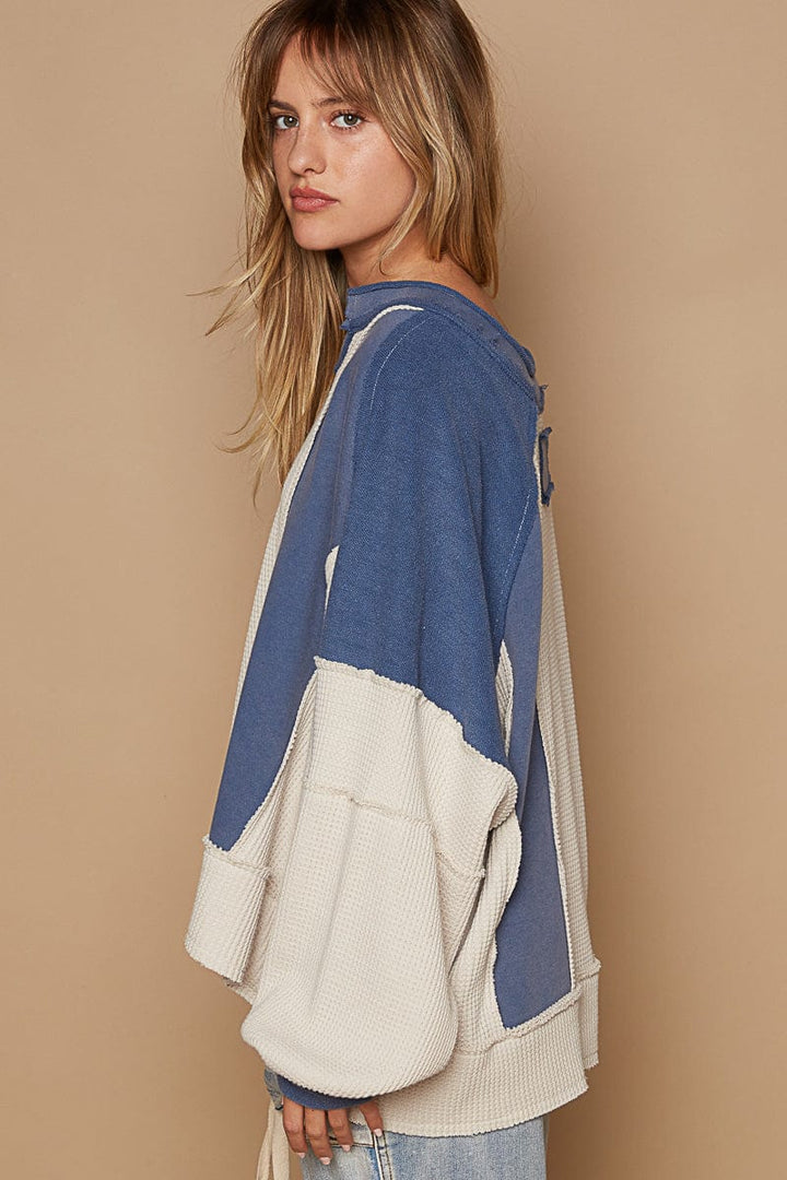 POL Notched V-Neck Long Sleeve Oversized Fit Terry and Thermal Knit Top