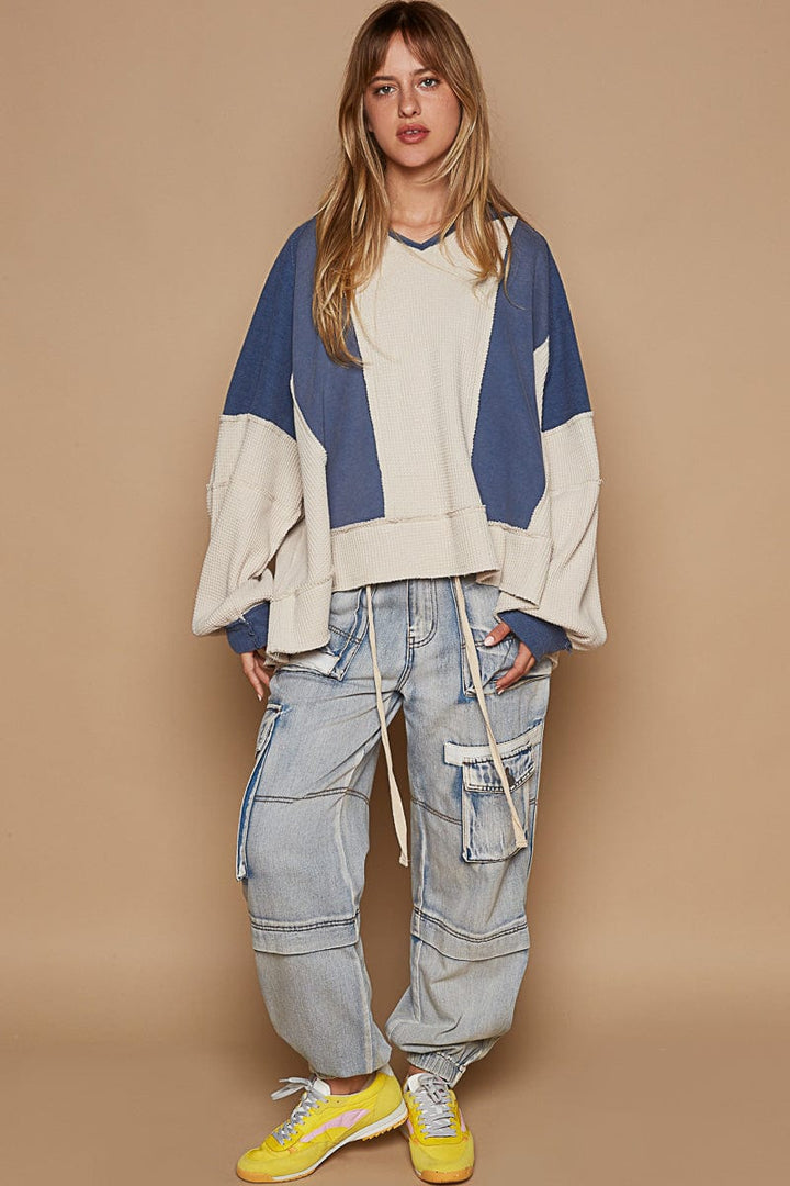 POL Notched V-Neck Long Sleeve Oversized Fit Terry and Thermal Knit Top