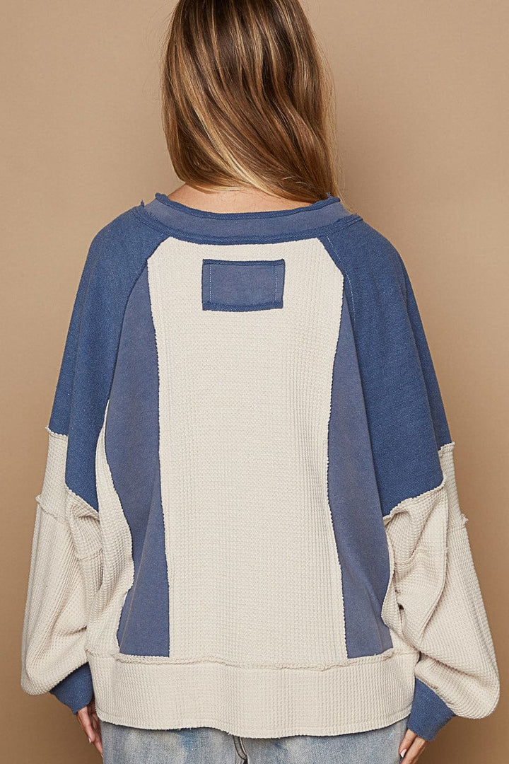 POL Notched V-Neck Long Sleeve Oversized Fit Terry and Thermal Knit Top