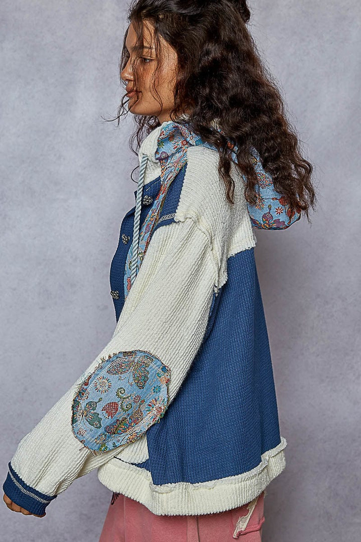 POL Overlock Stitch Detail Pointed Floral Pattern Placket Hoodie with Balloon Sleeves