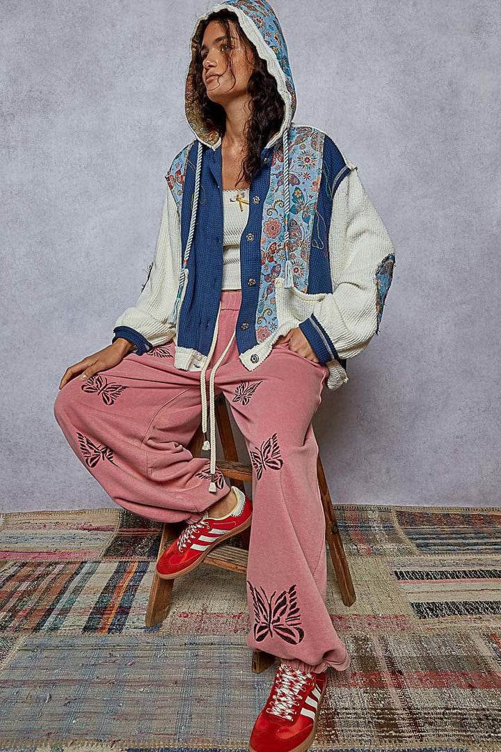 POL Overlock Stitch Detail Pointed Floral Pattern Placket Hoodie with Balloon Sleeves