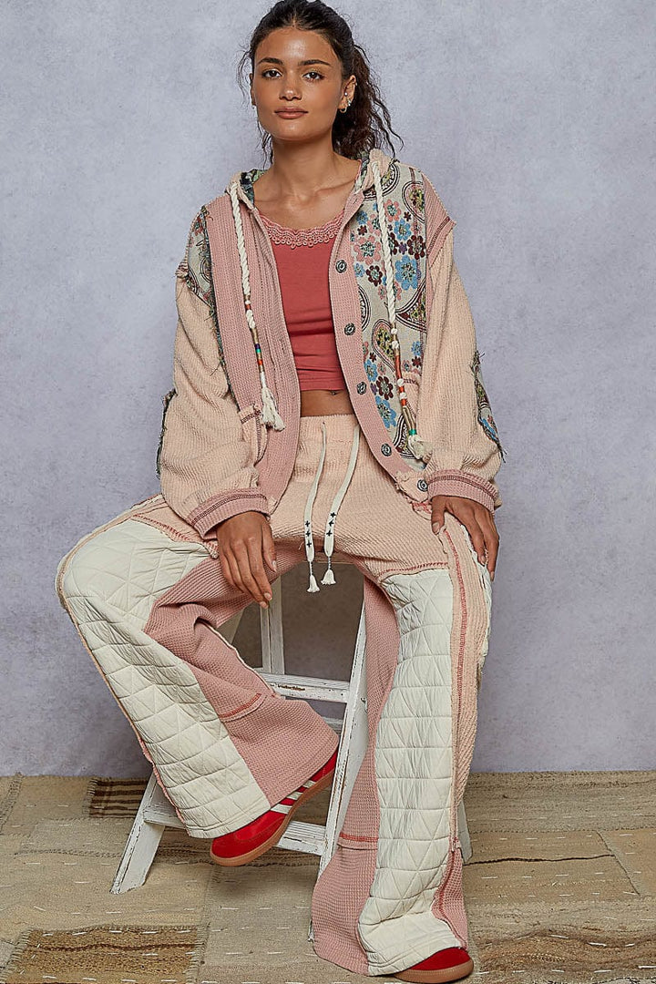 POL Overlock Stitch Detail Pointed Floral Pattern Placket Hoodie with Balloon Sleeves