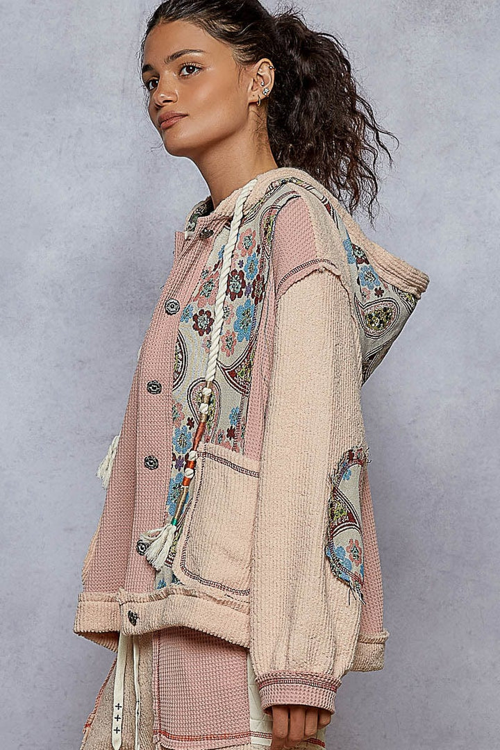 POL Overlock Stitch Detail Pointed Floral Pattern Placket Hoodie with Balloon Sleeves