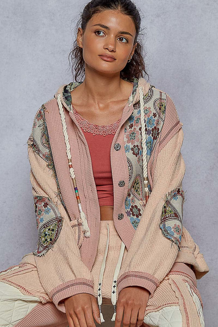 POL Overlock Stitch Detail Pointed Floral Pattern Placket Hoodie with Balloon Sleeves