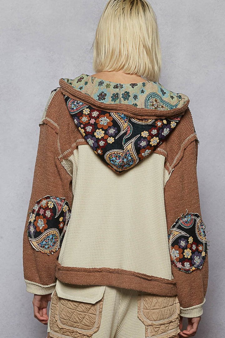 POL Overlock Stitch Detail Pointed Floral Pattern Placket Hoodie with Balloon Sleeves