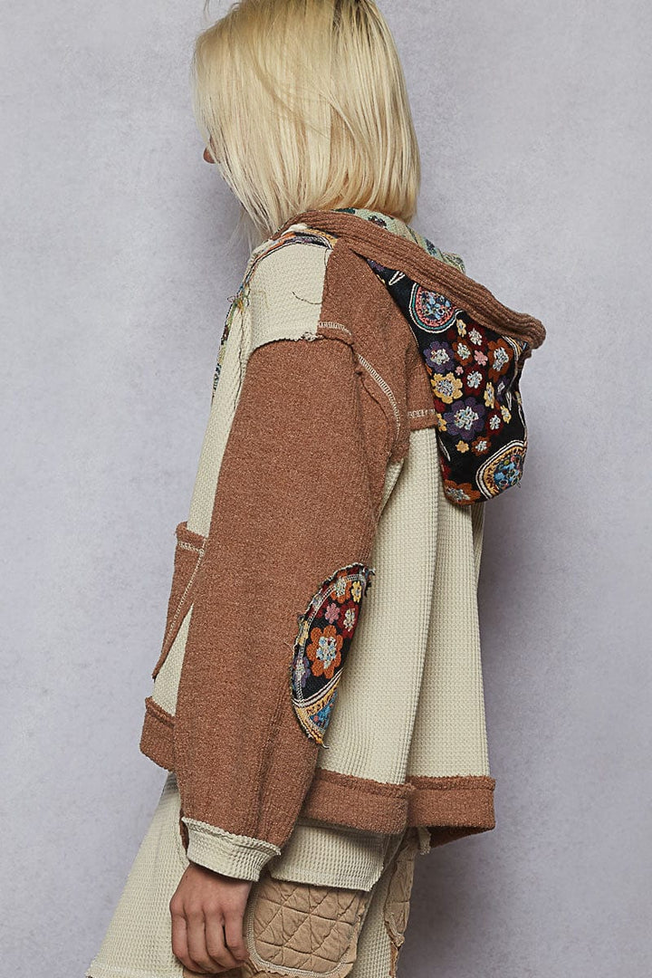 POL Overlock Stitch Detail Pointed Floral Pattern Placket Hoodie with Balloon Sleeves