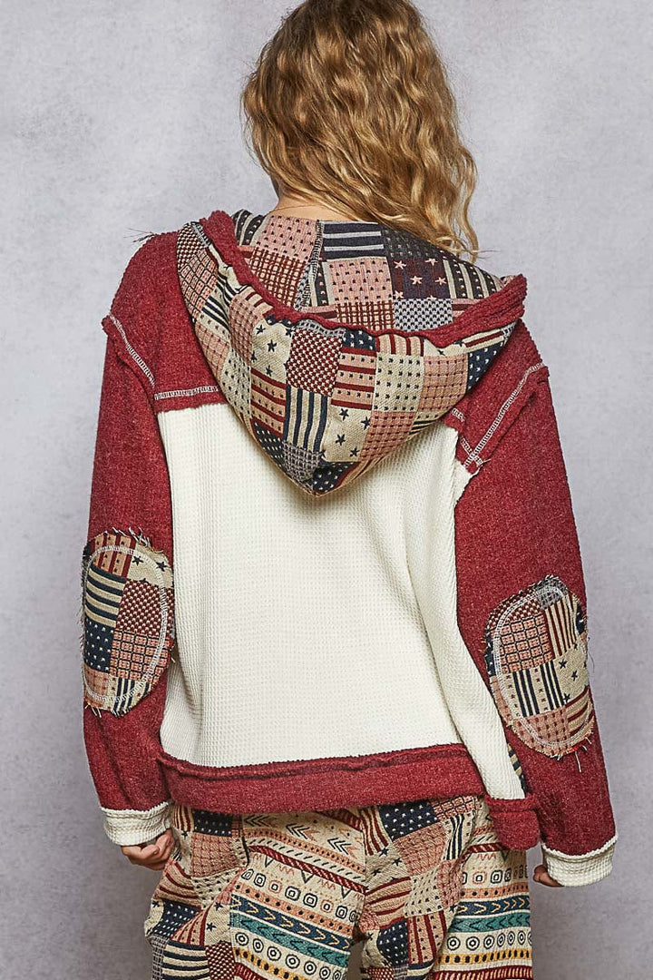 POL Overlock Stitch Detail Pointed Floral Pattern Placket Hoodie with Balloon Sleeves