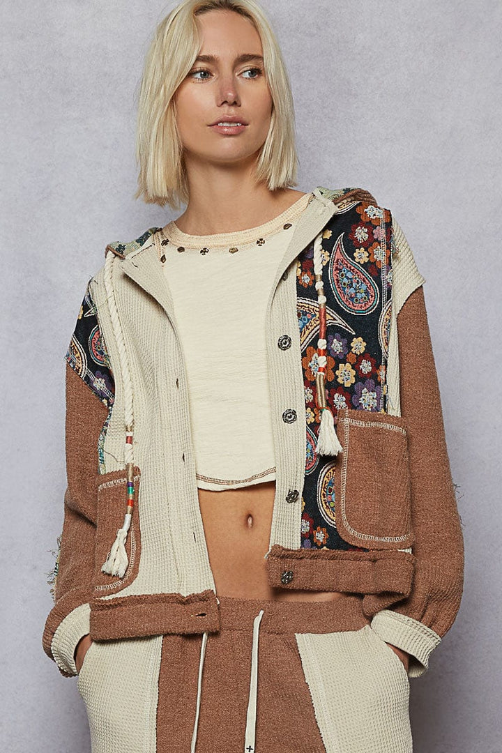 POL Overlock Stitch Detail Pointed Floral Pattern Placket Hoodie with Balloon Sleeves