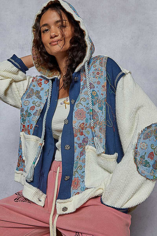 POL Overlock Stitch Detail Pointed Floral Pattern Placket Hoodie with Balloon Sleeves