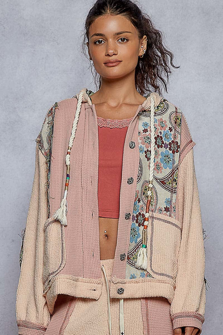 POL Overlock Stitch Detail Pointed Floral Pattern Placket Hoodie with Balloon Sleeves