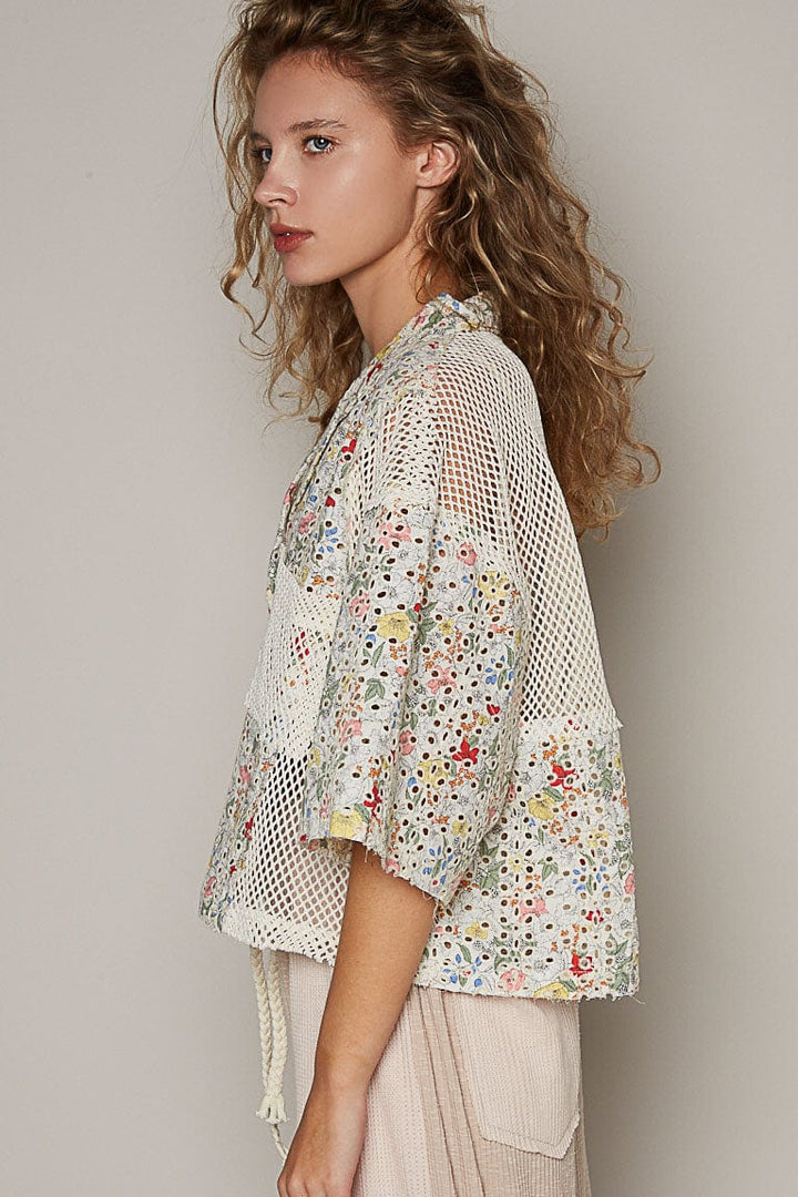 POL Oversized Button-Down Half Sleeve Printed Eyelet and Crochet Shirt