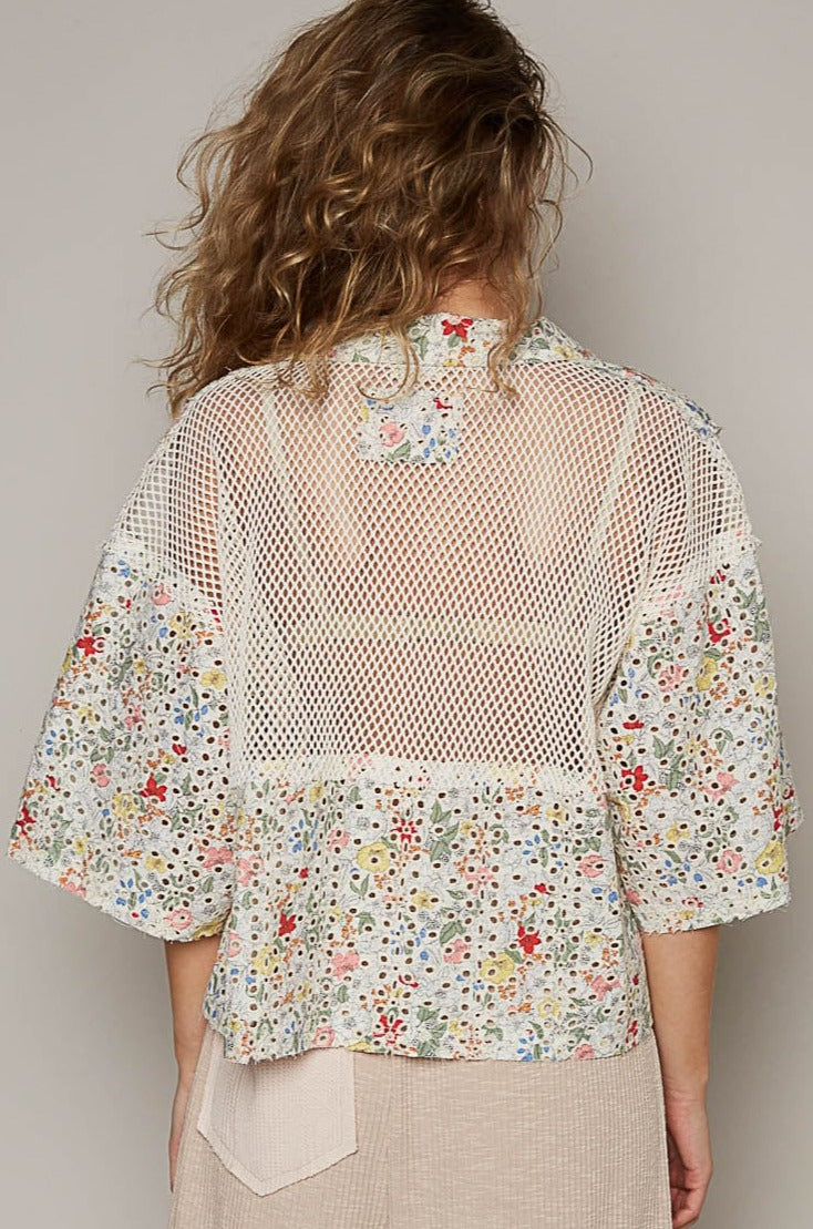 POL Oversized Button-Down Half Sleeve Printed Eyelet and Crochet Shirt