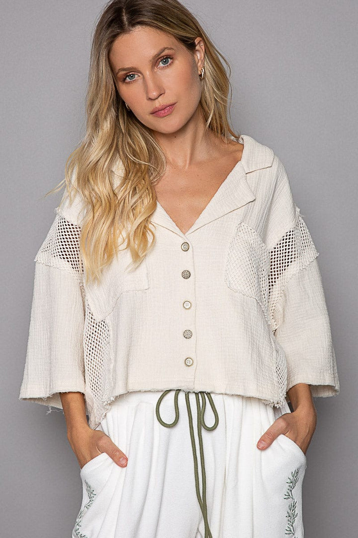 POL Oversized Button-Down Half Sleeve Printed Eyelet and Crochet Shirt