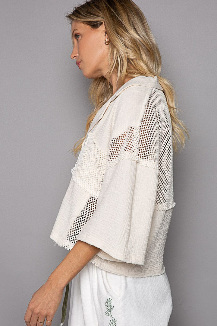 POL Oversized Button-Down Half Sleeve Printed Eyelet and Crochet Shirt