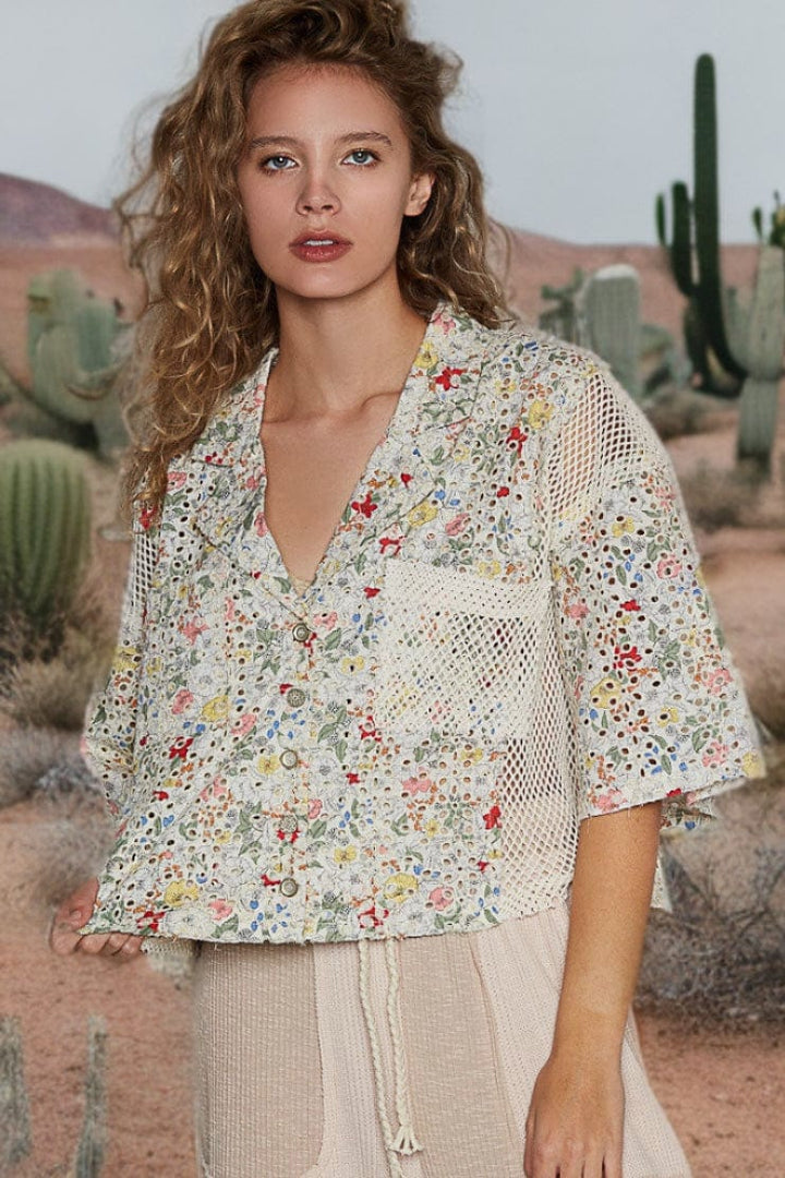 POL Oversized Button-Down Half Sleeve Printed Eyelet and Crochet Shirt