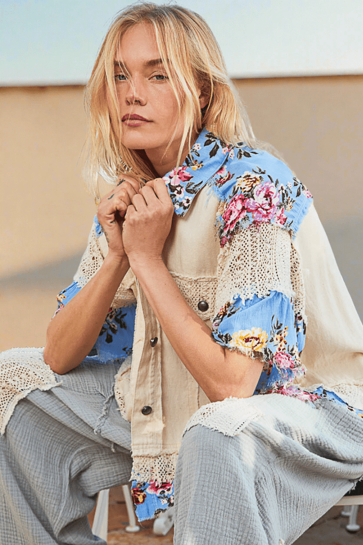POL Oversized Button Up Half Sleeve Denim Jacket with Lace and Floral Pattern Paneling