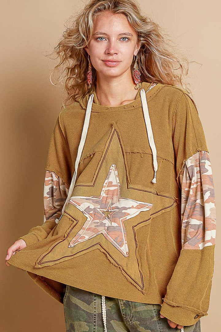 POL Oversized Fit Long Sleeve Knit Top with Contrast Print Star Patchwork