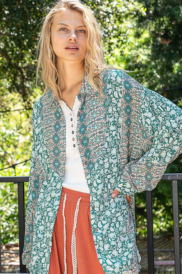 POL Oversized Long Sleeve Mixed Paisley Print Button Down Top