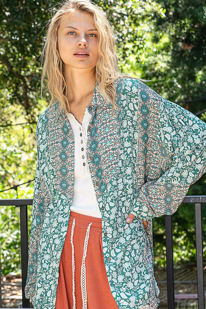 POL Oversized Long Sleeve Mixed Paisley Print Button Down Top