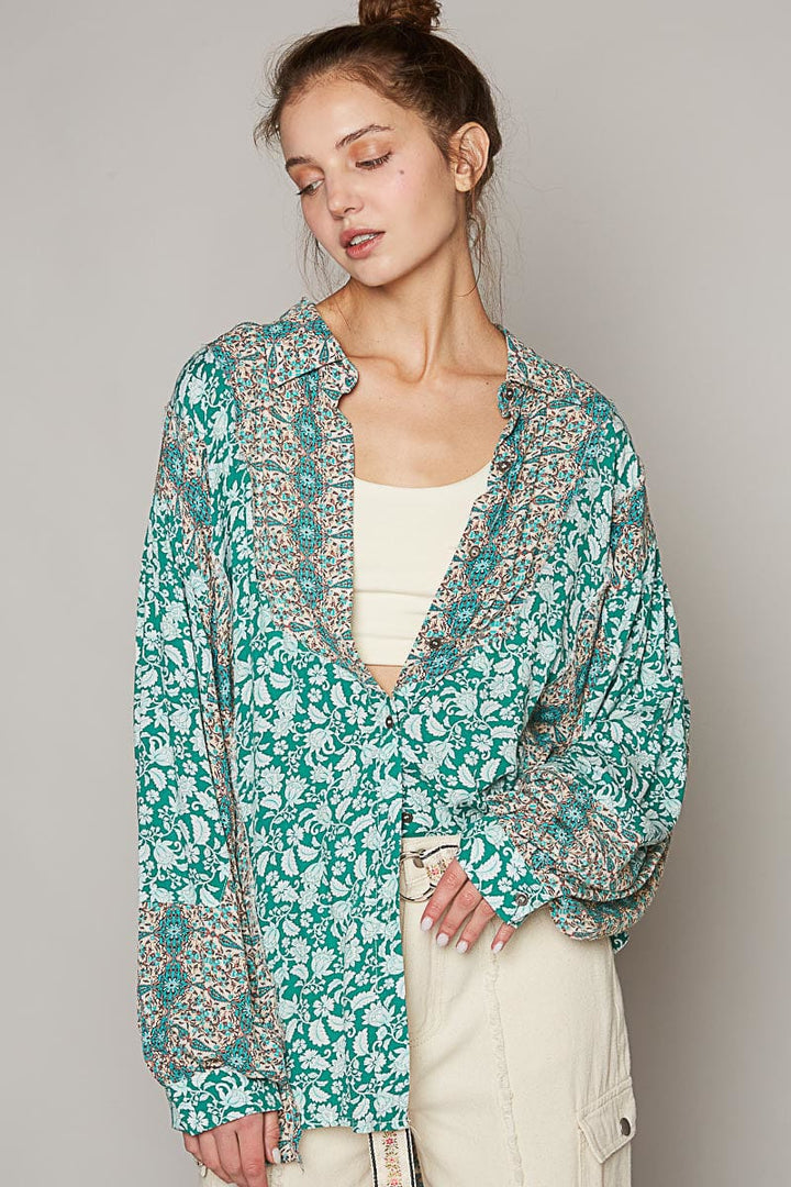 POL Oversized Long Sleeve Mixed Paisley Print Button Down Top