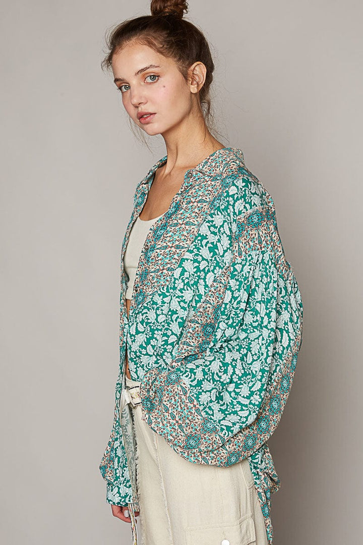 POL Oversized Long Sleeve Mixed Paisley Print Button Down Top