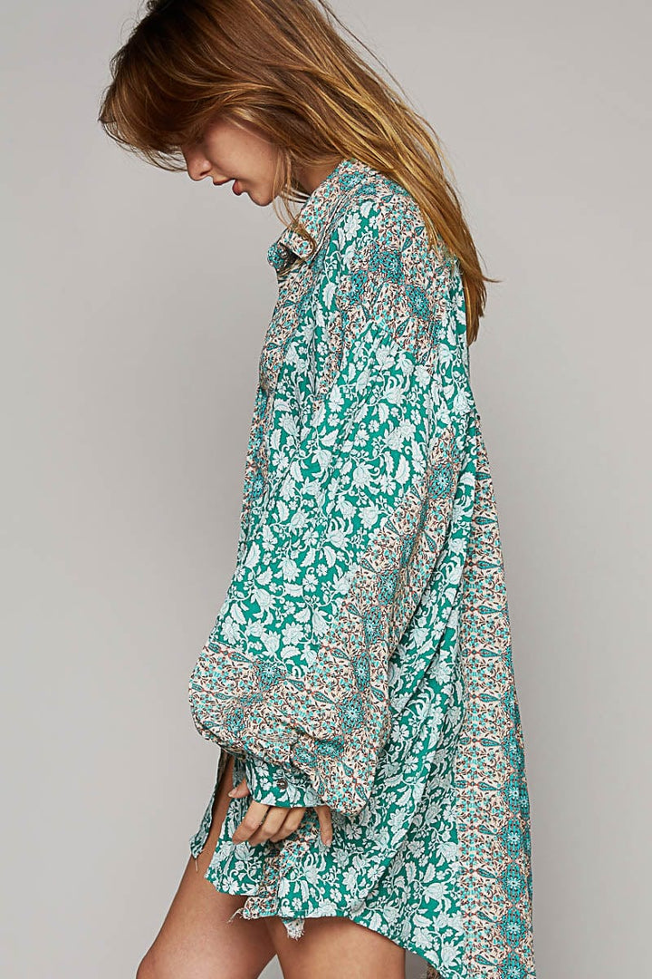 POL Oversized Long Sleeve Mixed Paisley Print Button Down Top