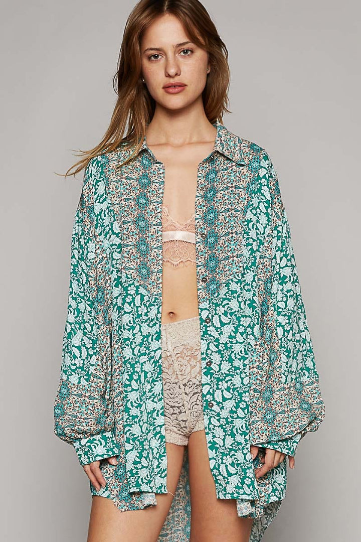 POL Oversized Long Sleeve Mixed Paisley Print Button Down Top