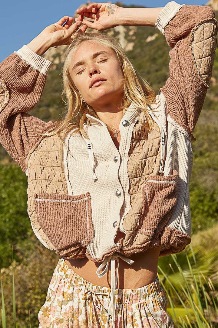 POL Oversized Waffle Thermal and Quilted Mix Fabric Button Down Hooded Jacket