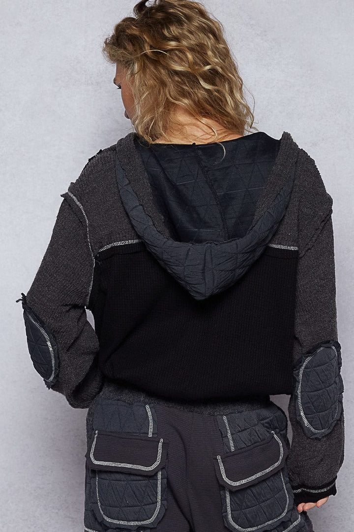 POL Oversized Waffle Thermal and Quilted Mix Fabric Button Down Hooded Jacket