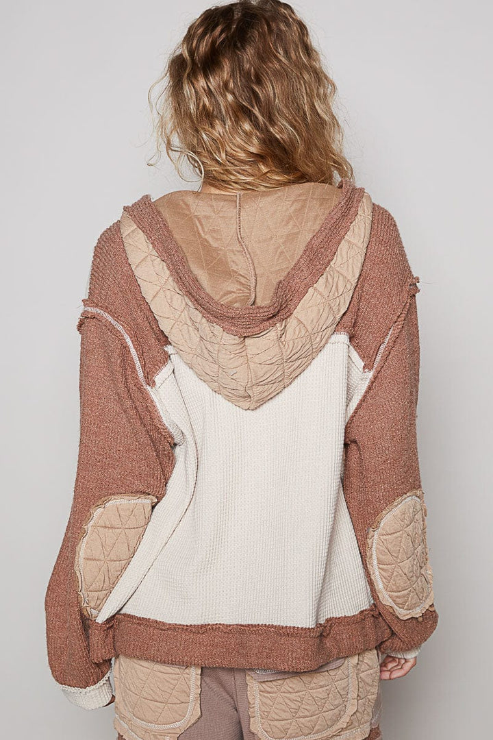 POL Oversized Waffle Thermal and Quilted Mix Fabric Button Down Hooded Jacket