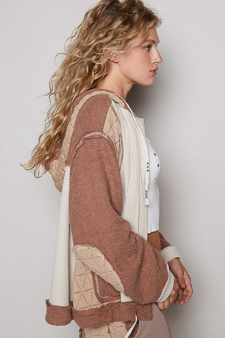 POL Oversized Waffle Thermal and Quilted Mix Fabric Button Down Hooded Jacket