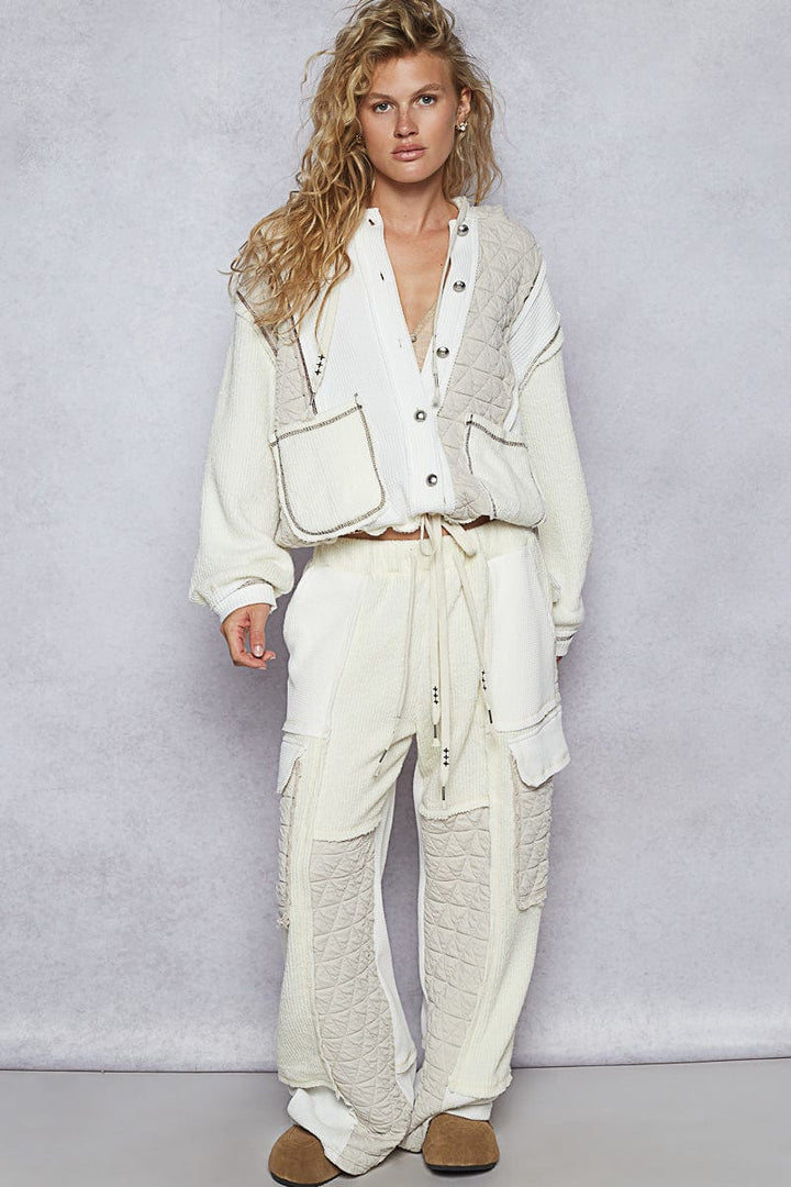 POL Oversized Waffle Thermal and Quilted Mix Fabric Button Down Hooded Jacket